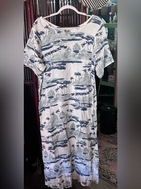 CC COLLECTION Navy and White Tropical Toile Linen Sheeth Dress